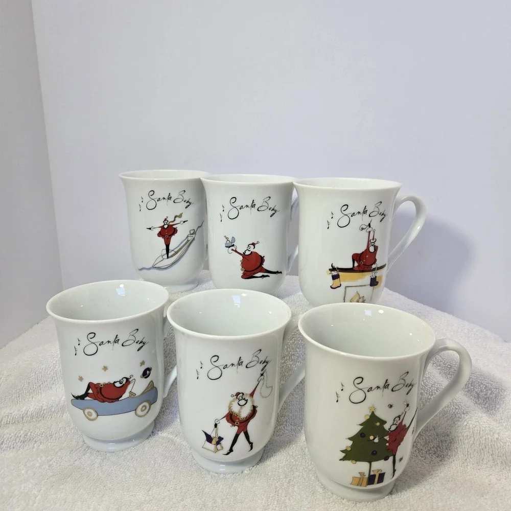 Pottery Barn Santa Baby Hot Cocoa Coffee Cups Tea Mugs Set Of 6 Christmas Rare